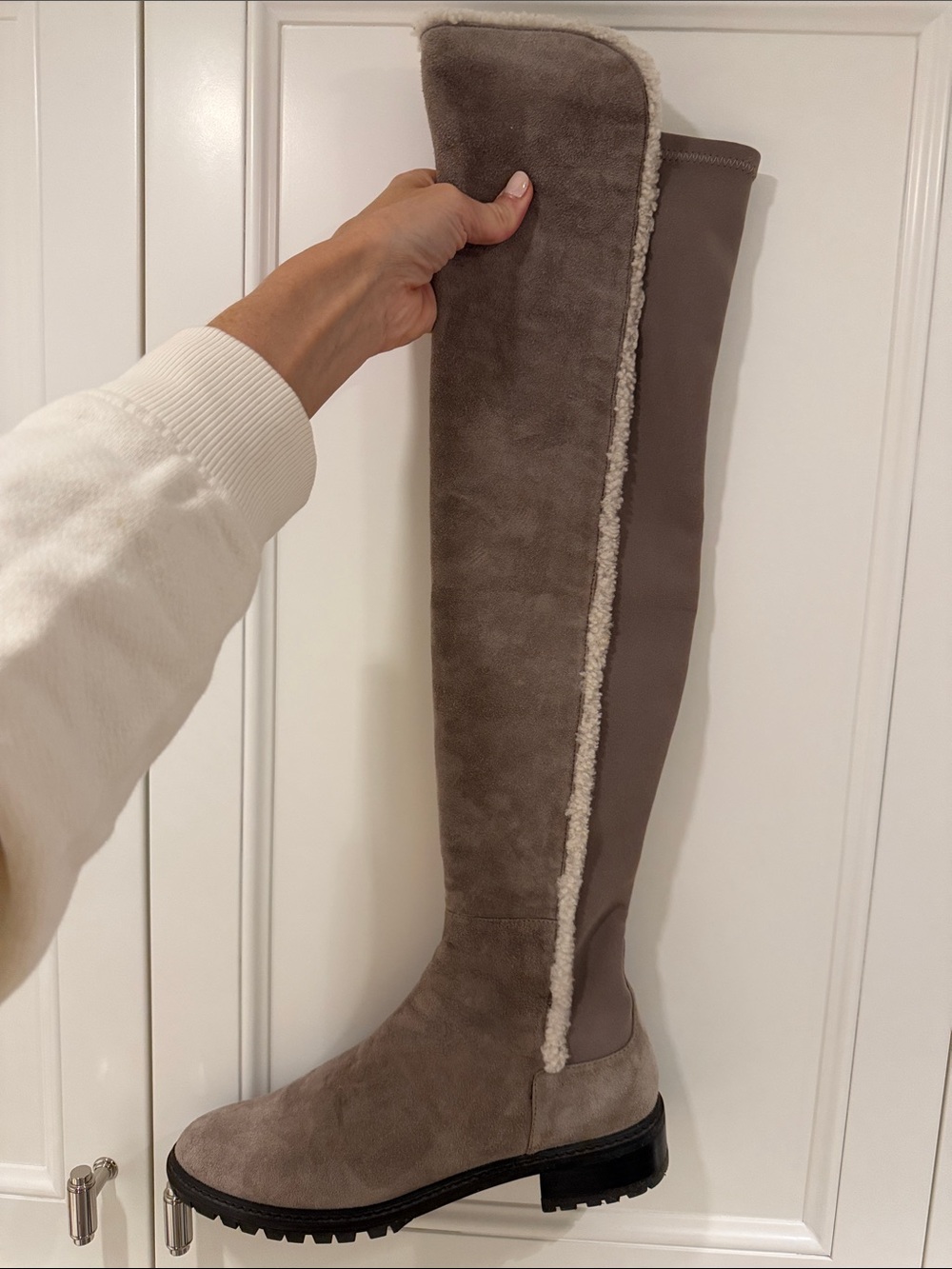 Stuart Weitzman Taupe Over-the-Knee Shearling-Trim Boots